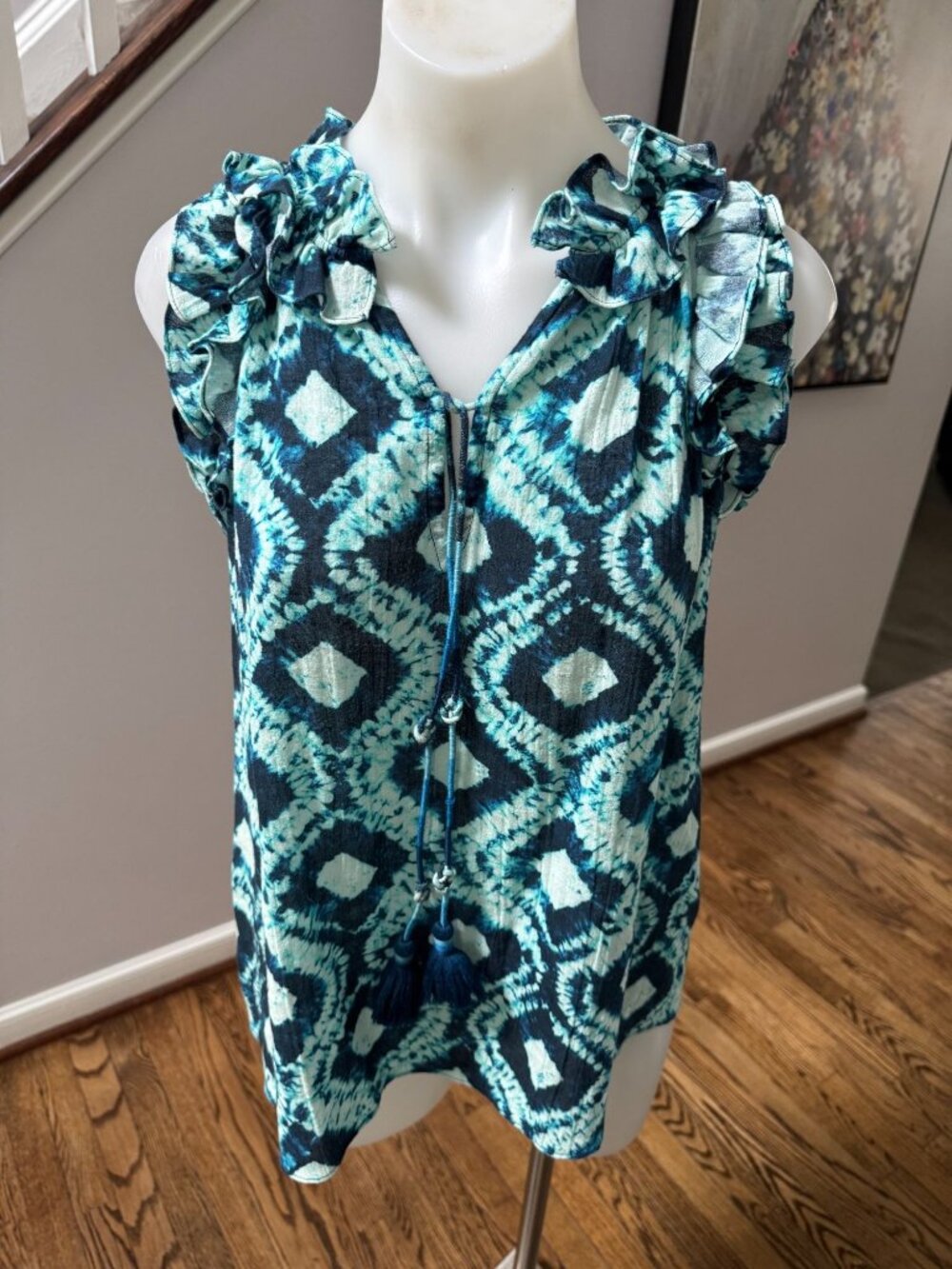 FIGUE Anthro Tie Dye Print Ruffled Blouse Tank Top Blue Medium